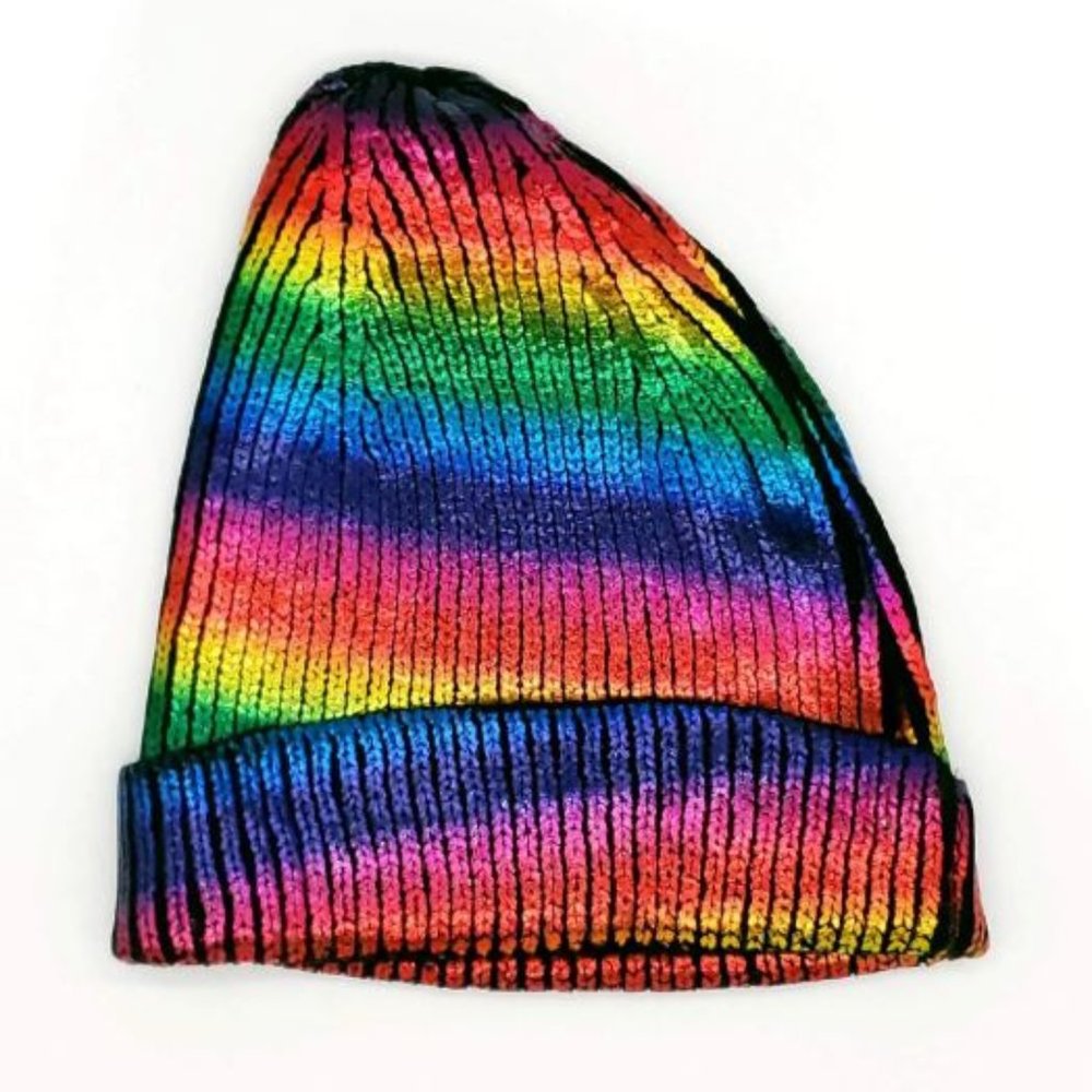 WINTER METALLIC SHINY STRIPED RAINBOW BEANIE KNIT CAP - SHOW YOUR PRIDE
